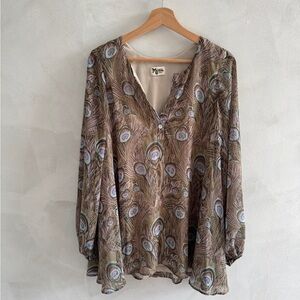 Show Me Your MuMu - Tan Peacock Feather Tunic Blouse - Size Small